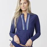Navy Embroidered Convertible Ruched Rashguard