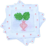 Pink Chinoiserie Monstera Leaf Linen Cocktail Napkins
