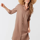 Sand Gauze Button Down Shirt Dress