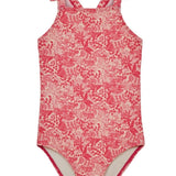 Little Cece Criss-Cross Ruffle One-Piece Swimsuit in Coral Ditsy- FINAL SALE