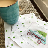 Turquoise Christmas Woody Wagon Linen Cocktail Napkins