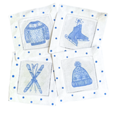 Apres Ski Snow Fun Blue and White Linen Cocktail Napkins