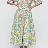 Alessia Dress Belted Tie Midi Dress in Budding Blues