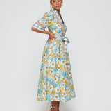 Alessia Dress Belted Tie Midi Dress in Budding Blues