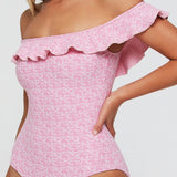 Toni Off-The-Shoulder Ruffle One-Piece Swimsuit in Coral Weave