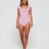 Toni Off-The-Shoulder Ruffle One-Piece Swimsuit in Coral Weave