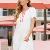 White Embroidered Short Sleeve Tiered Dress