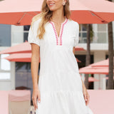 White Embroidered Short Sleeve Tiered Dress