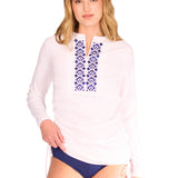White Embroidered Convertible Ruched Rashguard