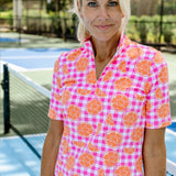 Blair Short Sleeve Top - Citrus Check Pink/Orange