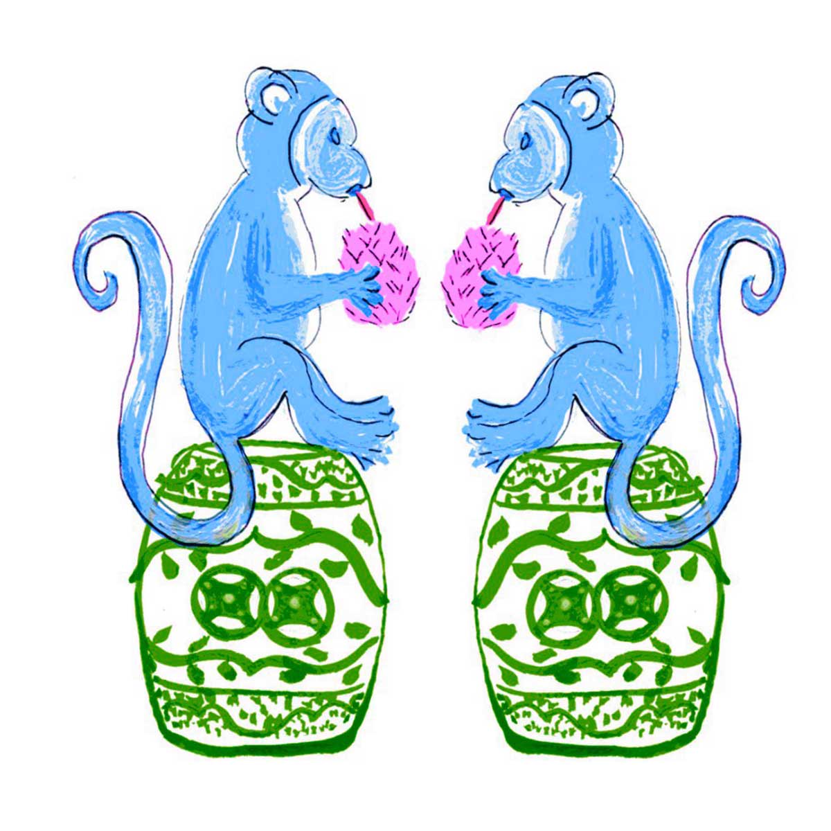 Chinoiserie Monkey Linen Cocktail Napkins