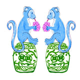 Chinoiserie Monkey Multi Color Linen Cocktail Napkins