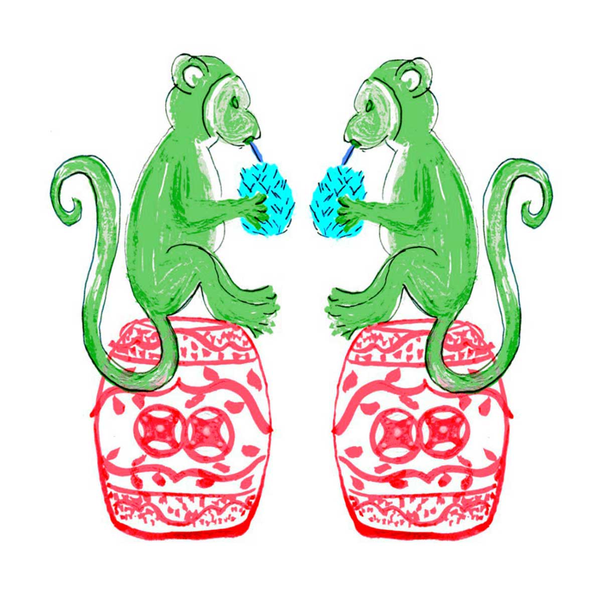Chinoiserie Monkey Linen Cocktail Napkins