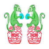 Chinoiserie Monkey Multi Color Linen Cocktail Napkins