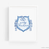 Christmas Crest Blue & White Art Print