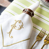 Gold trim linen dinner napkins, white, set of two