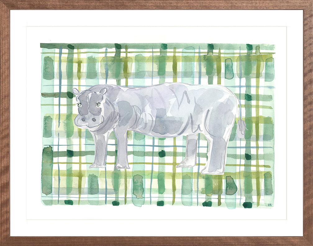 The "Plaid Hippo" Watercolor Animal Fine Art Print