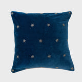 Embroidered star pillow, navy cotton velvet