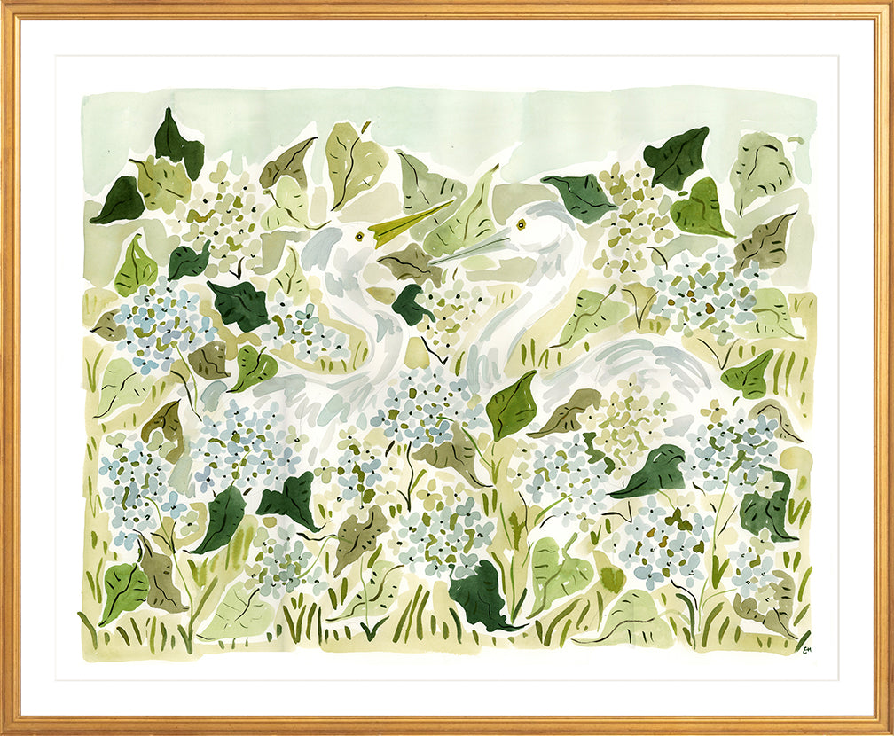 The "Herons in the Hydrangeas" Fine Art Print