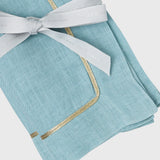 Gold trim dinner napkins, duck egg blue, set of two