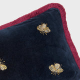 Embroidered bee fringe pillow, navy cotton velvet