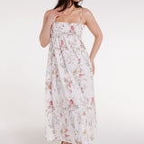 Margot Smocked Spaghetti Strap Midi Dress in White Floral