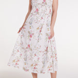 Margot Smocked Spaghetti Strap Midi Dress in White Floral