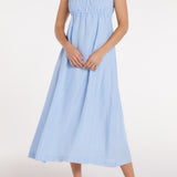 Margot Smocked Spaghetti Strap Midi Dress in Chambray Blue