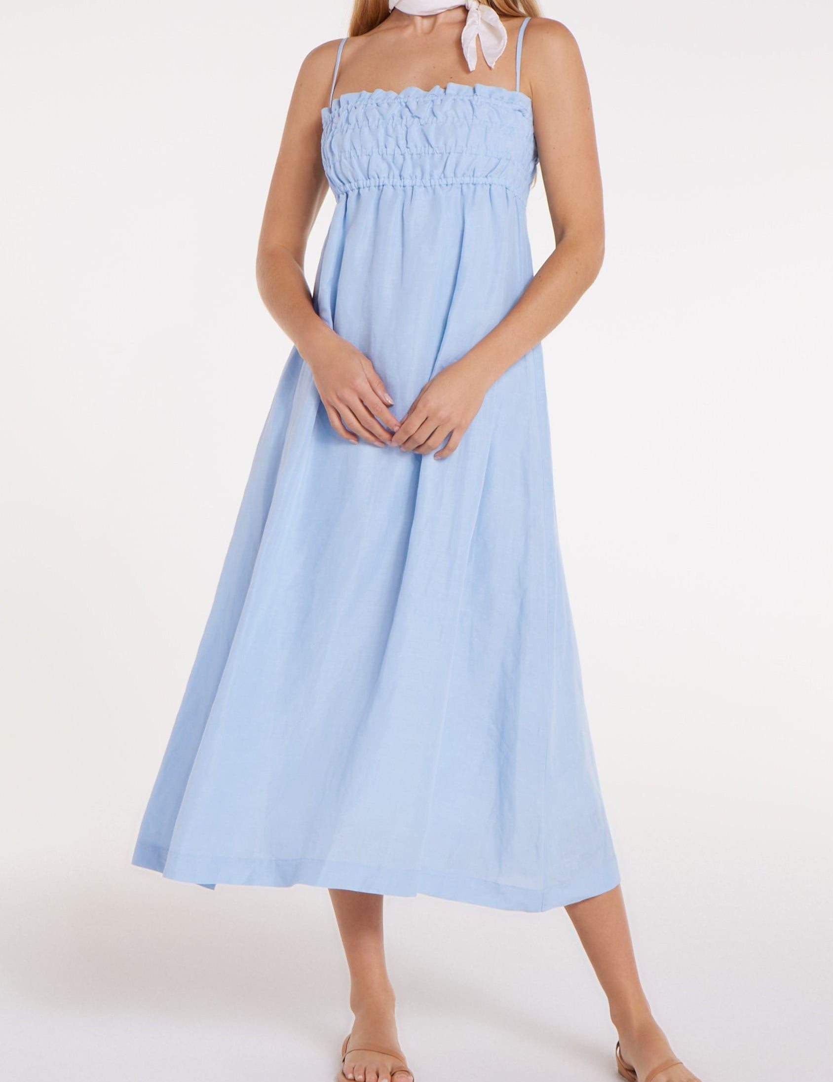 Margot Smocked Spaghetti Strap Midi Dress in Chambray Blue