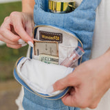 Light Denim HydroBag® with Gold Hardware and Denim overlaid Vegan Leather Strap
