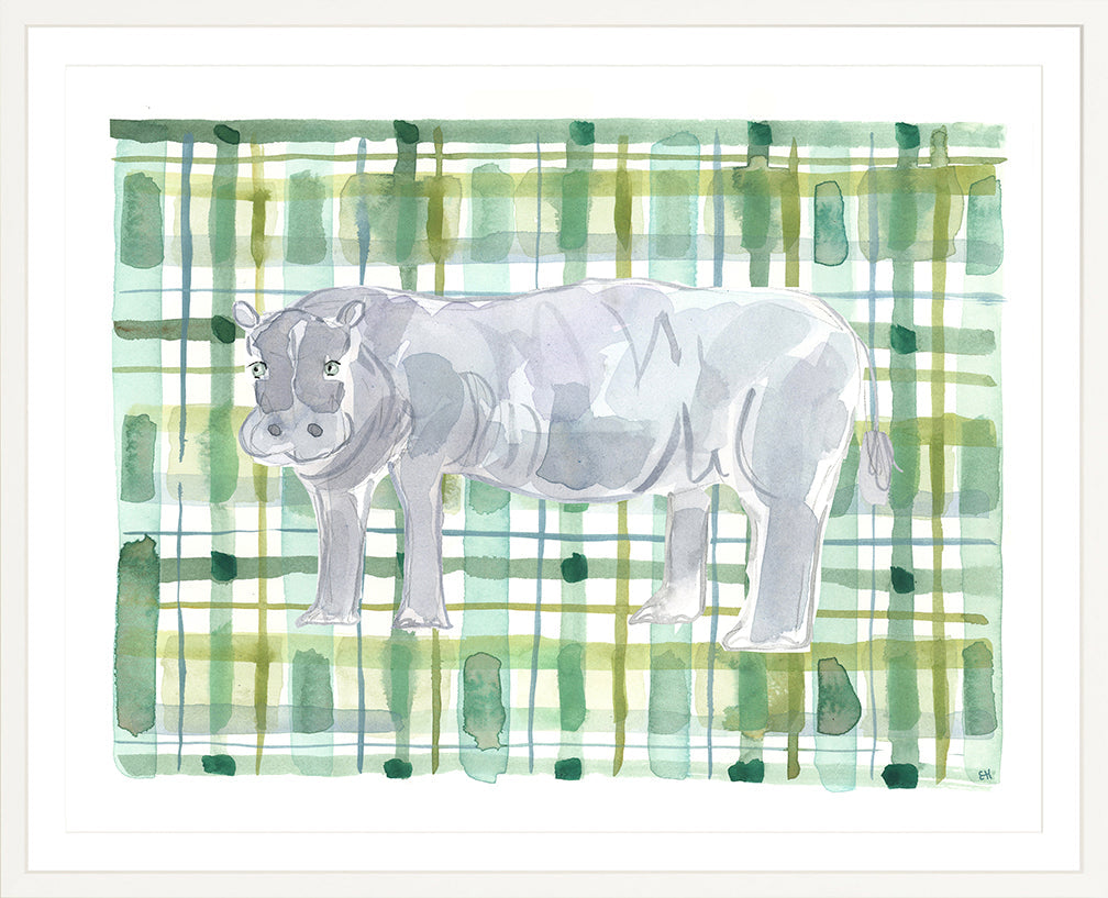 The "Plaid Hippo" Watercolor Animal Fine Art Print