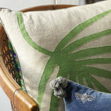 Palm frond pillow, natural linen with green