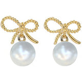 Gold Bow Pearl Earrings, Ribbon Earrings, Pearl Drop Earrings