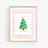 Pink Gingham Tree Print – Hand Painted Christmas Tree Artwork on Textured Art Paper