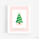 Pink Gingham Tree Print – Hand Painted Christmas Tree Artwork on Textured Art Paper