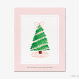 Pink Gingham Tree Print – Hand Painted Christmas Tree Artwork on Textured Art Paper