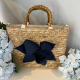 Sankaty Straw Tote with Interchangeable Bow - Navy Stripe